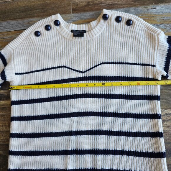Armani Exchange Wool Blend Prep Strip Sweater Button-Accent Blue Cream - Picture 12 of 13